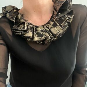 Zang Toi vintage 80’s sheer black+ gold blouse, Sz 4
